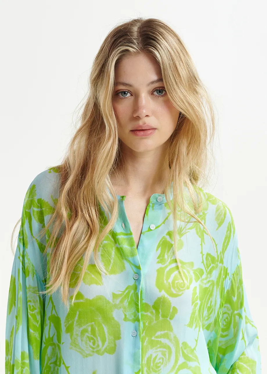 Light blue and green floral shirt with mandarin collar