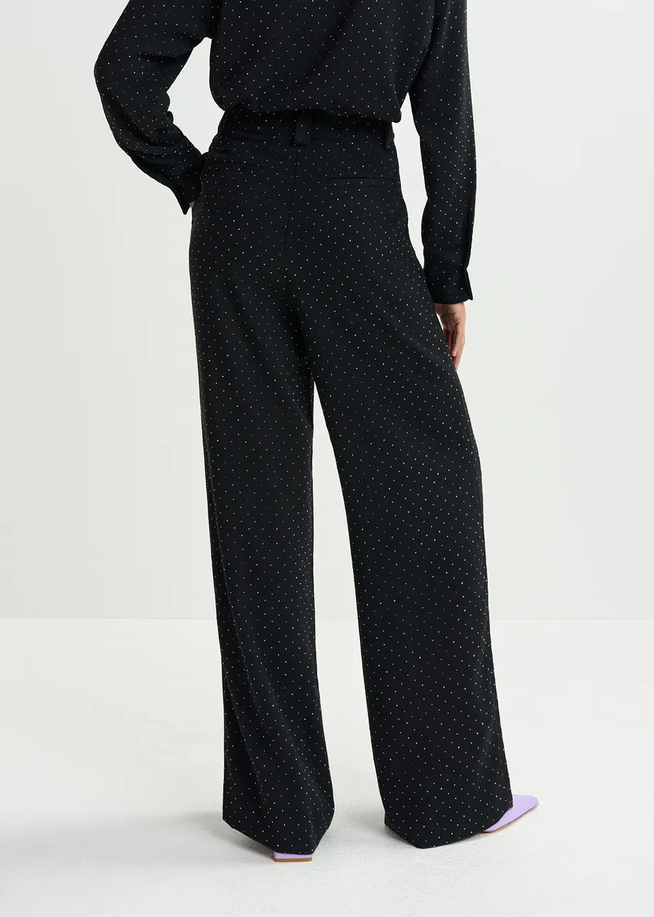 Black rhinestone-embellished wide-leg pants