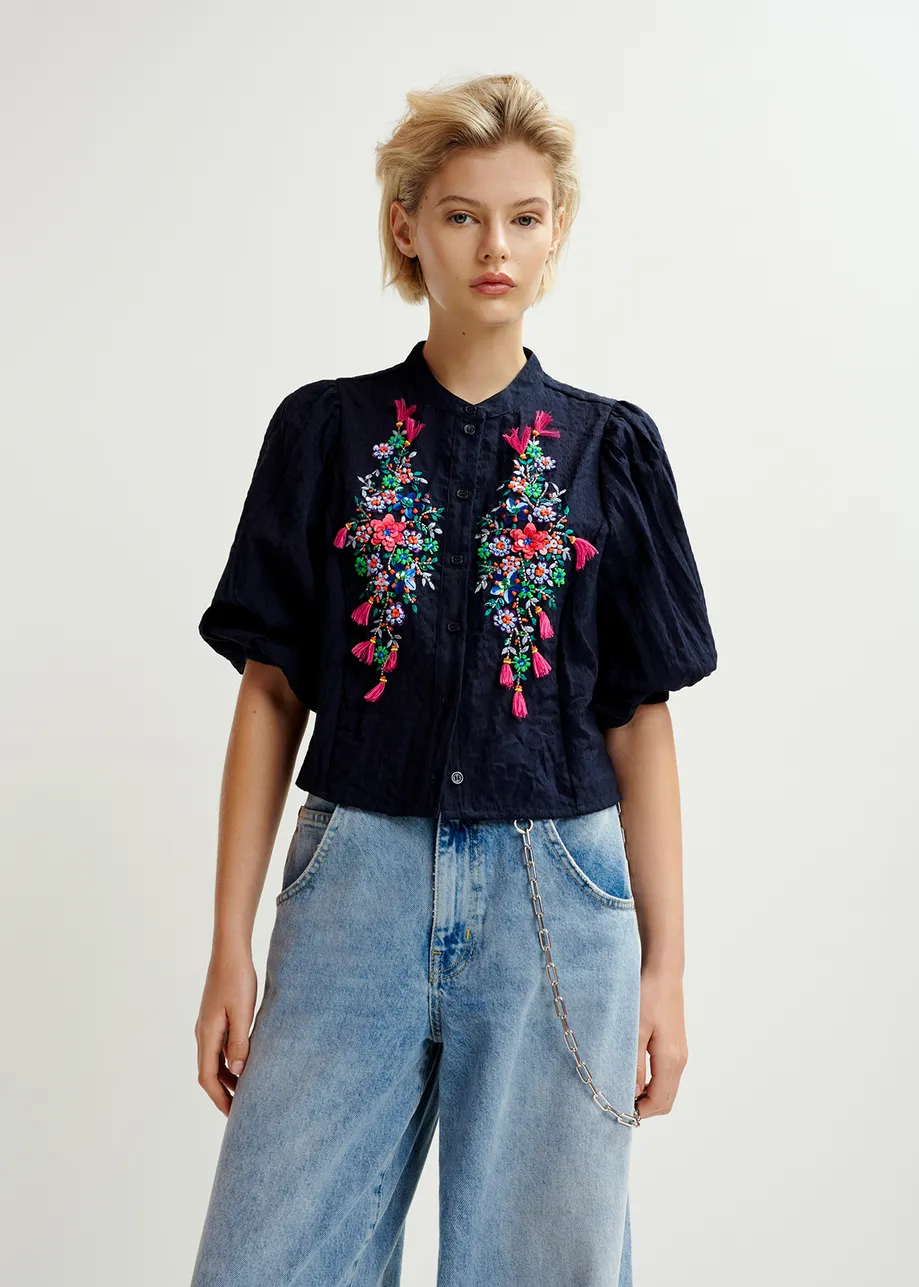 Dark blue sequin and bead-embellished shirt with voluminous sleeves