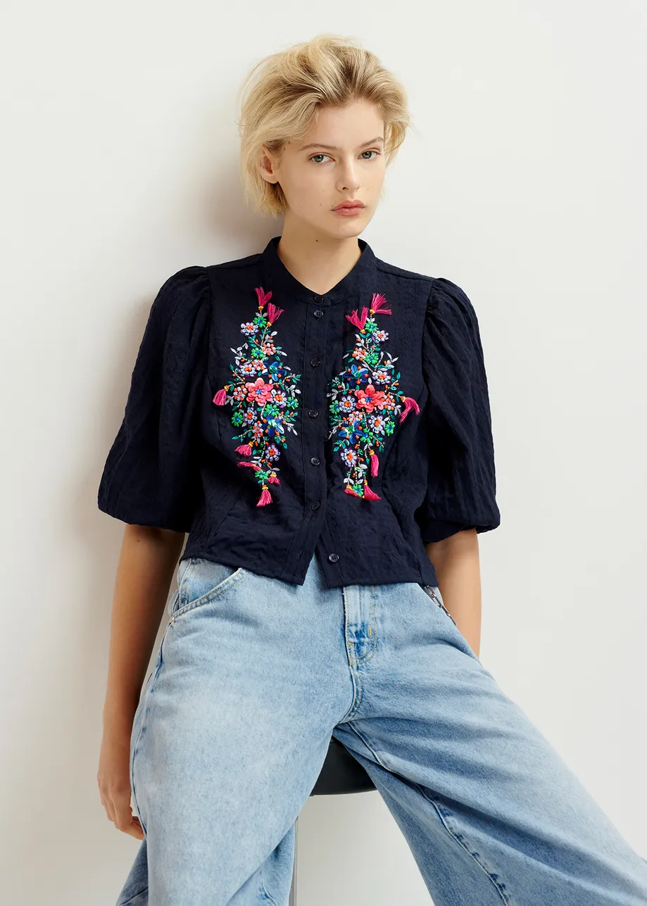 Dark blue sequin and bead-embellished shirt with voluminous sleeves