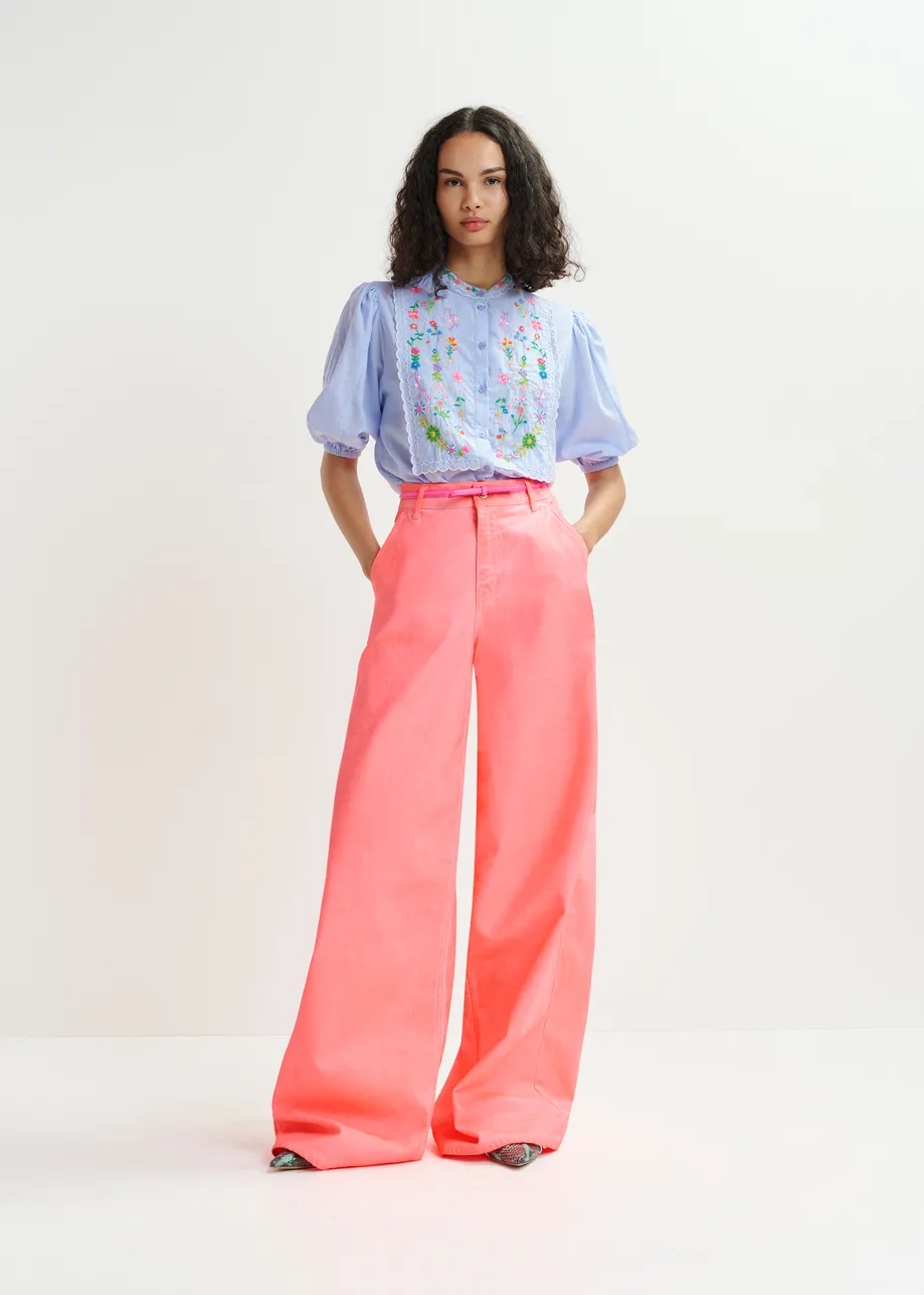 Coral cotton wide-leg jeans