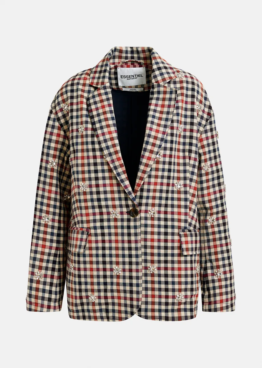 Beige, dark blue and red checkered single-breasted blazer