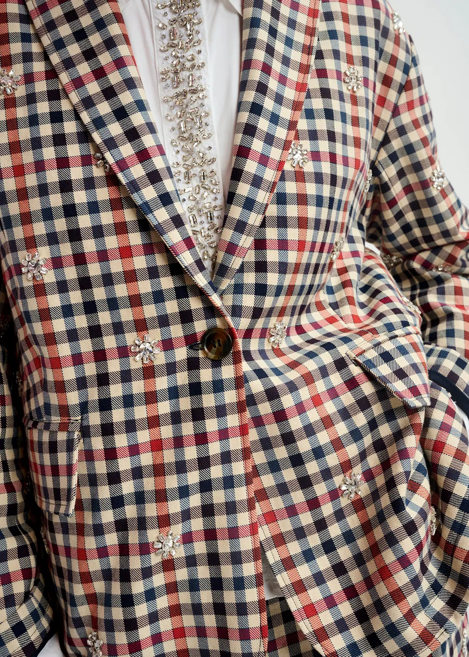 Beige, dark blue and red checkered single-breasted blazer