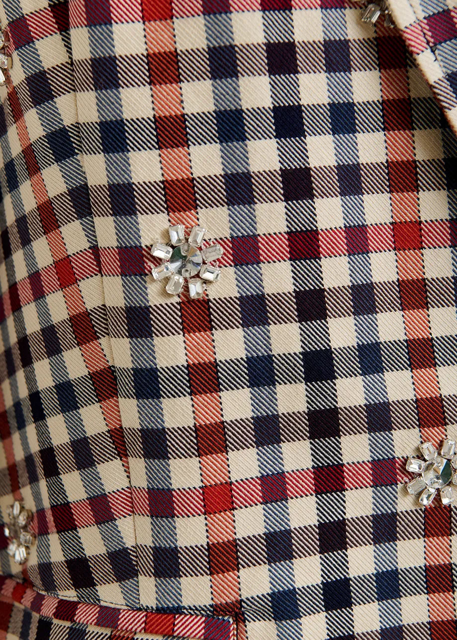 Beige, dark blue and red checkered single-breasted blazer