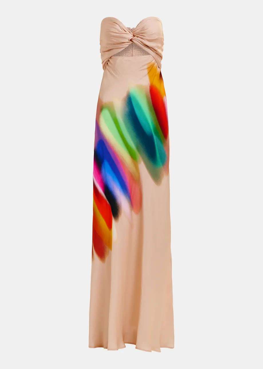 Ligh peach and multicolor strapless satin maxi-legnth dress