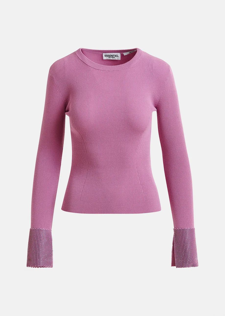 Mauve rib-knitted sweater with rhinestone embellished cuffs