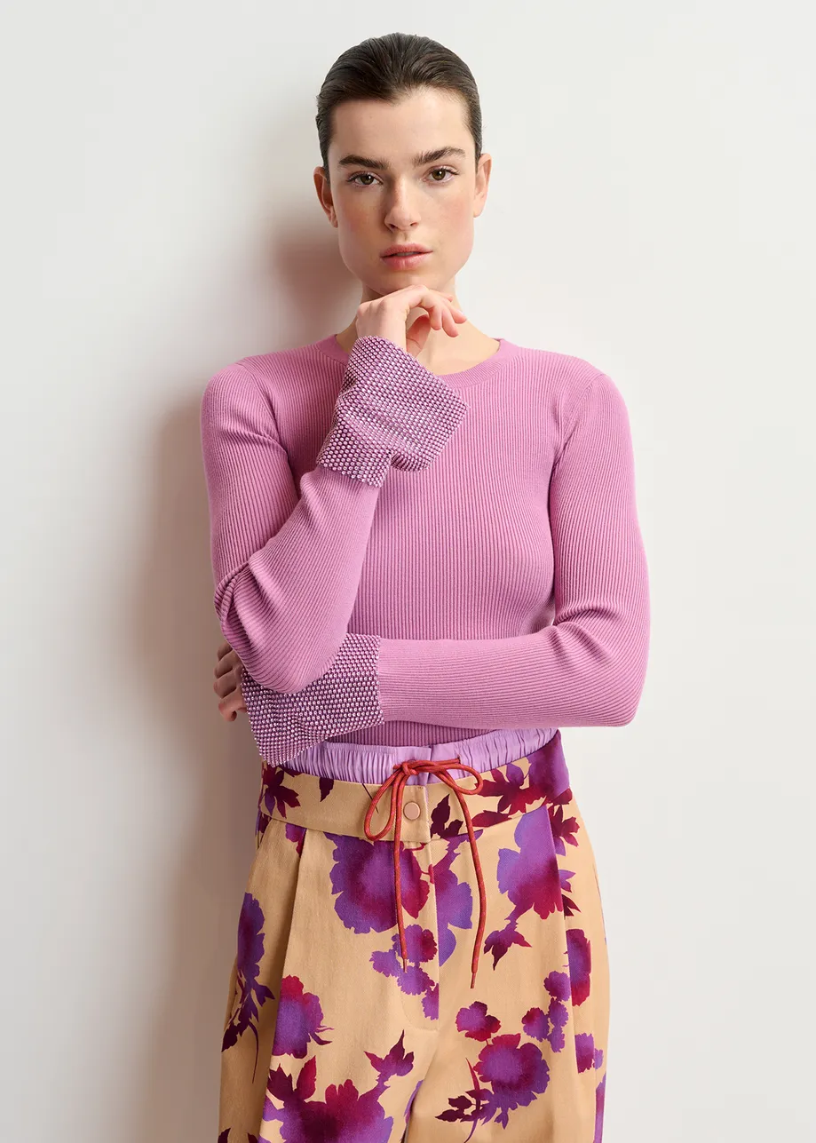 Mauve rib-knitted sweater with rhinestone embellished cuffs