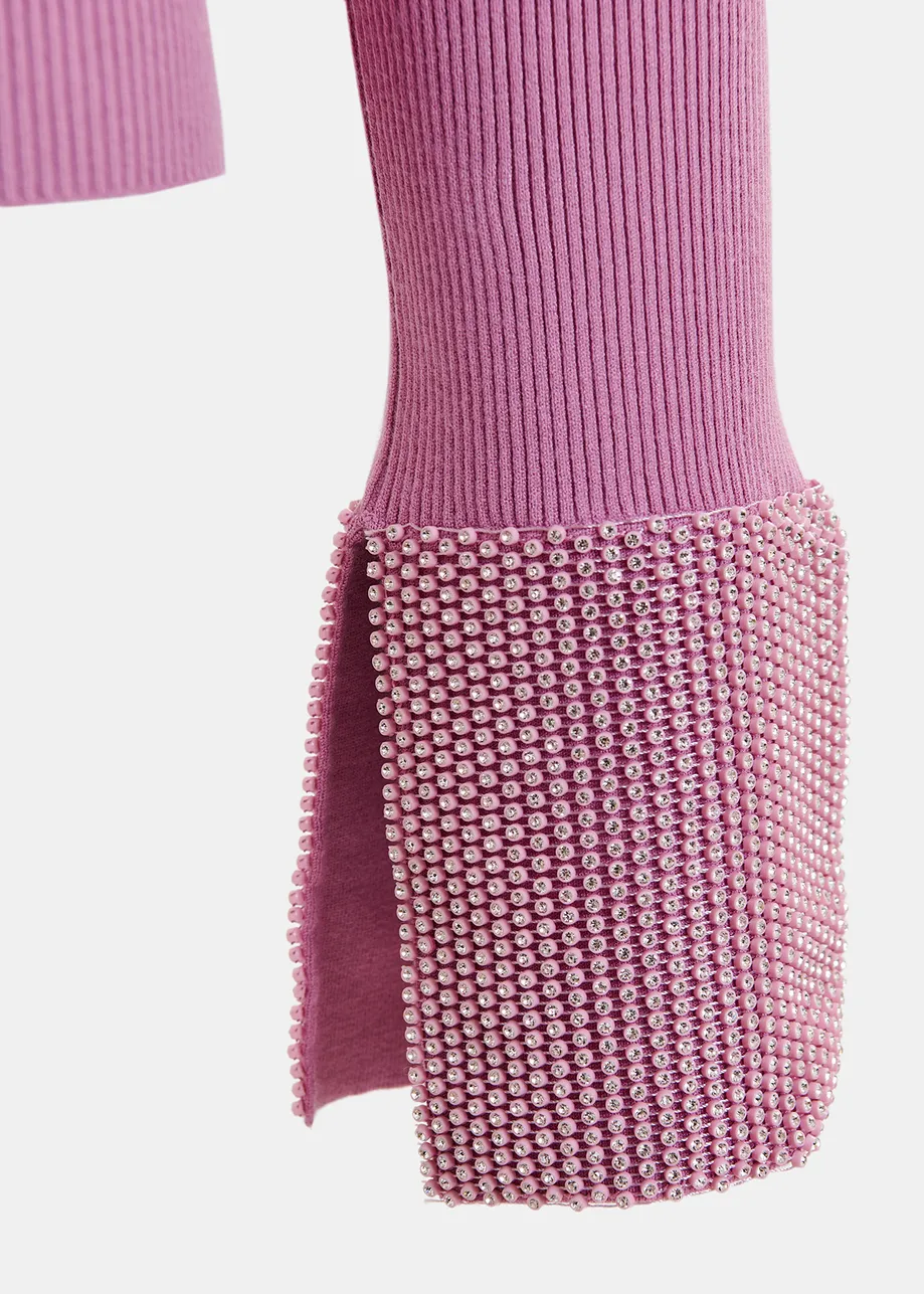 Mauve rib-knitted sweater with rhinestone embellished cuffs