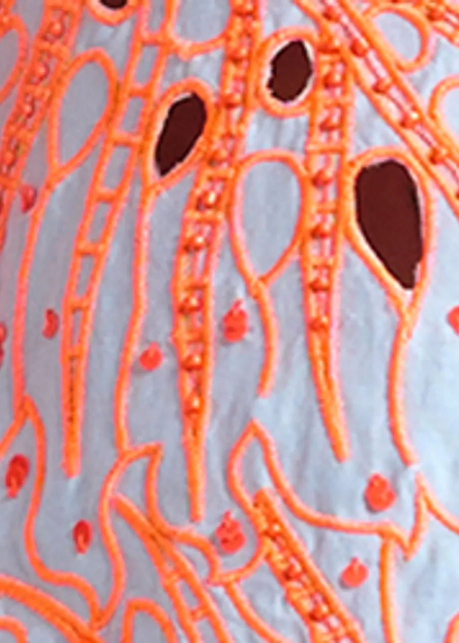 Light blue and orange embroidered sequin sleeveless cotton shirt
