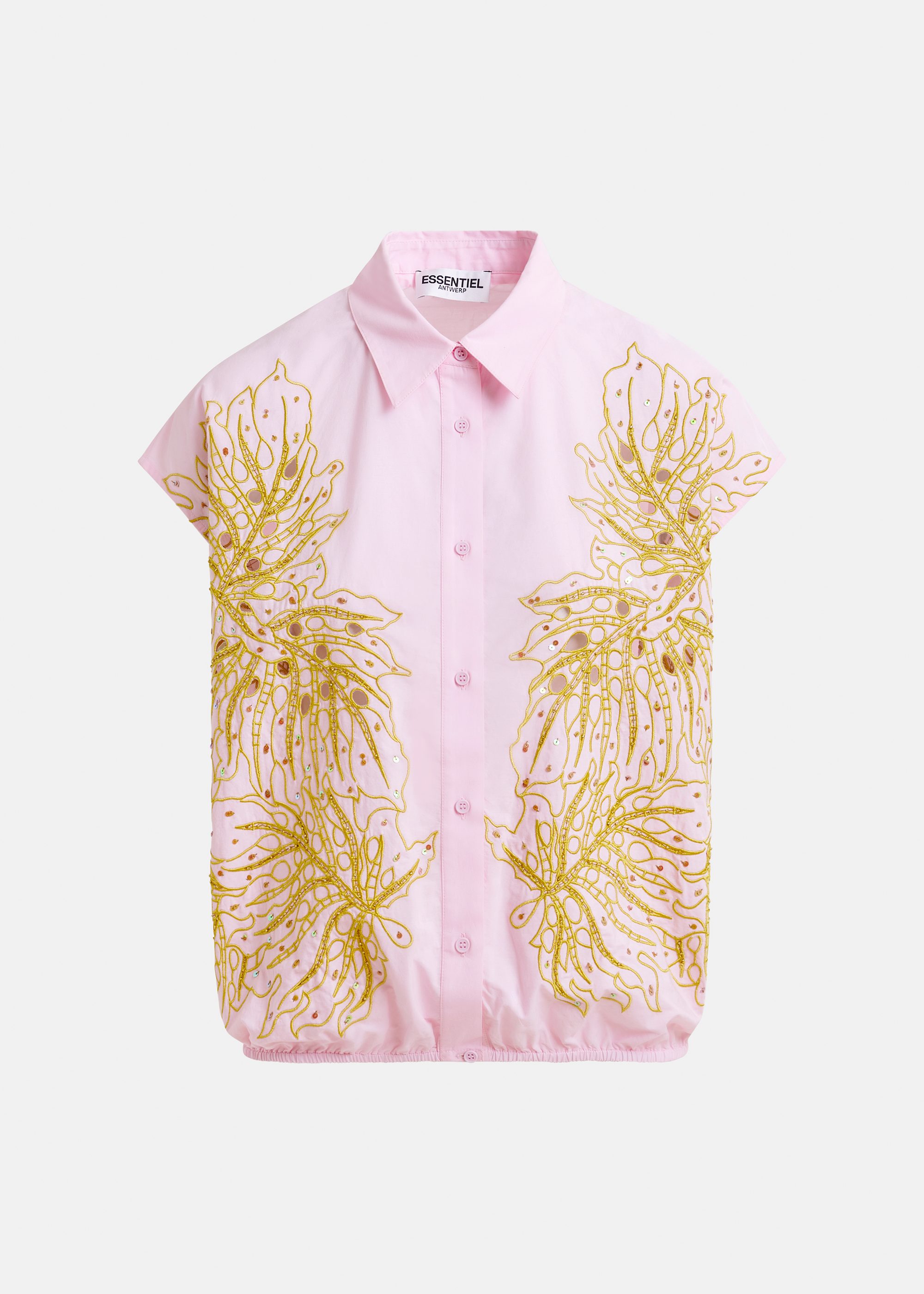 Essentiel Antwerp ★ スパンコール ディテール Tシャツ Ecru cotton T-shirt with rhinestone-embellished neckline