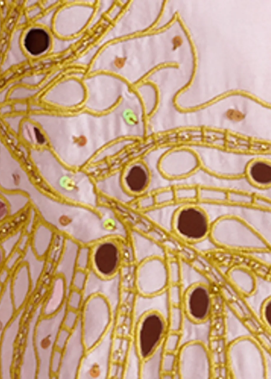 Light pink and gold embroidered sequin sleeveless cotton shirt
