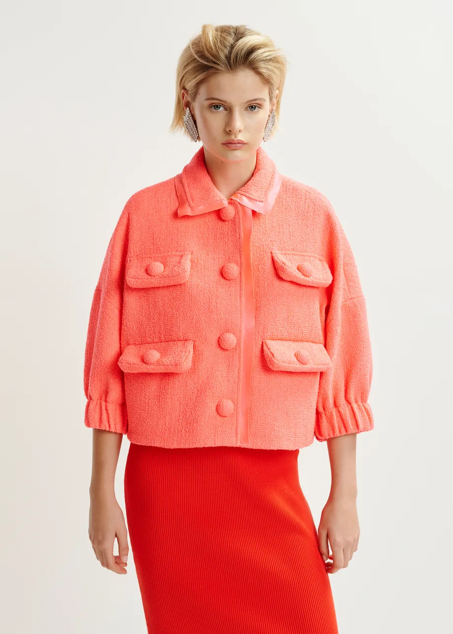 Coral oversized jacket with 3/4 length voluminous sleeves