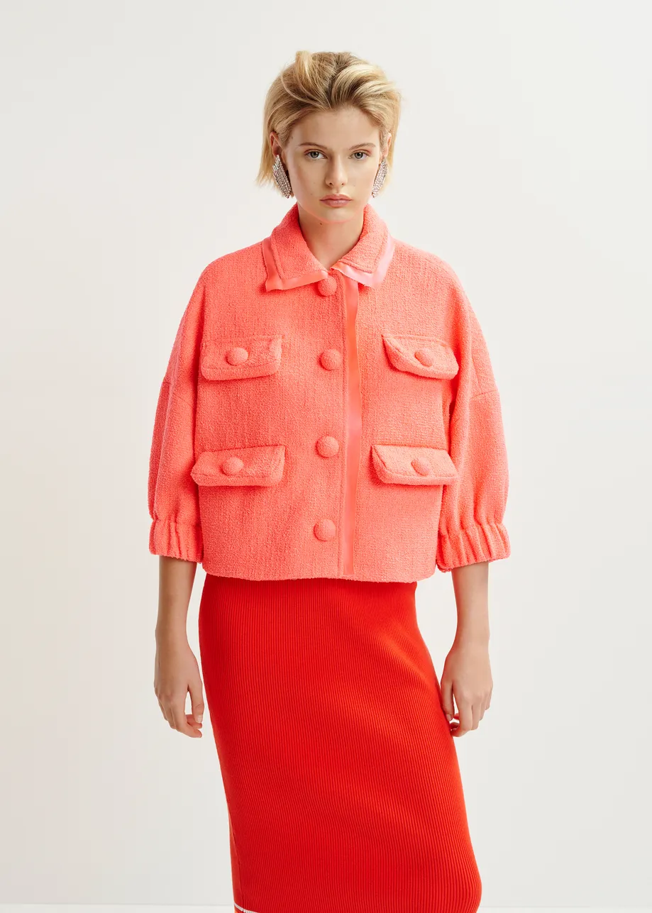 Coral oversized jacket with 3/4 length voluminous sleeves