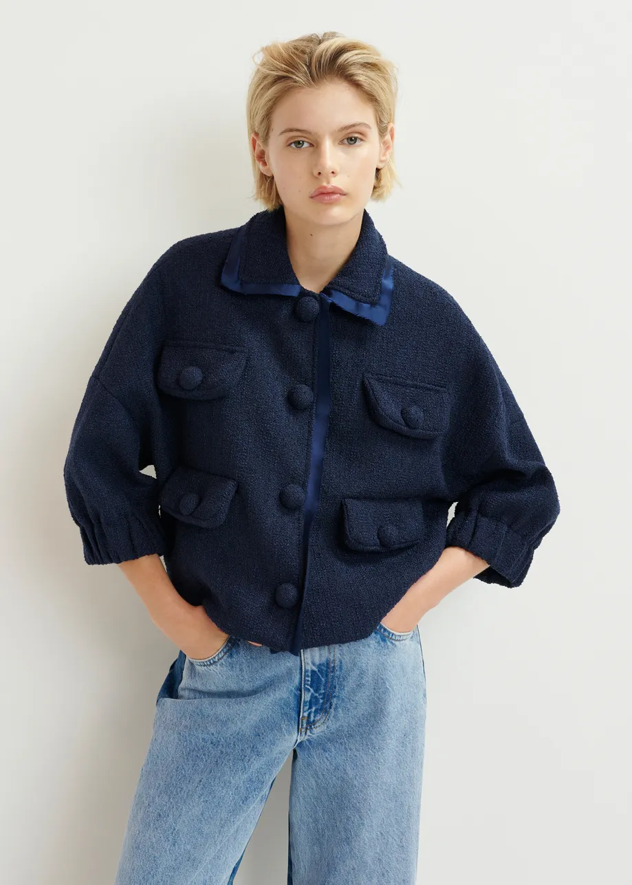 Dark blue oversized jacket with 3/4 length voluminous sleeves