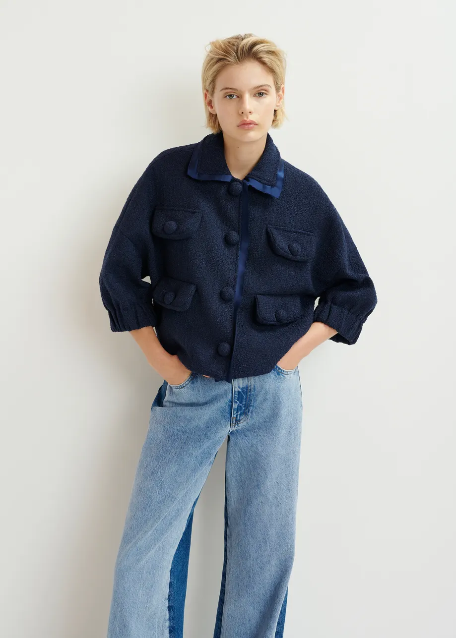 Dark blue oversized jacket with 3/4 length voluminous sleeves