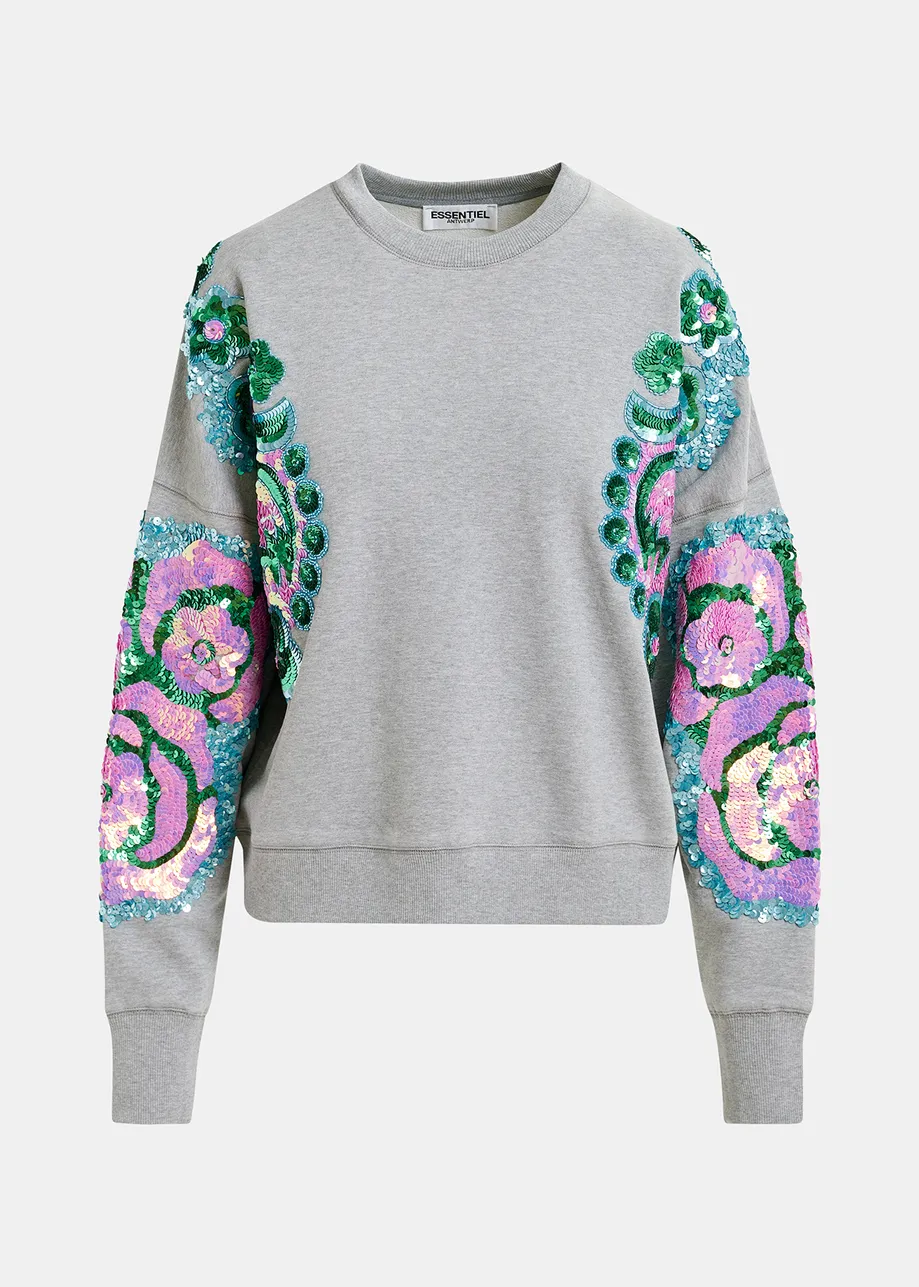 Grey, pink and blue organic cotton sweatshirt with sequin and bead-embroidered sleeves