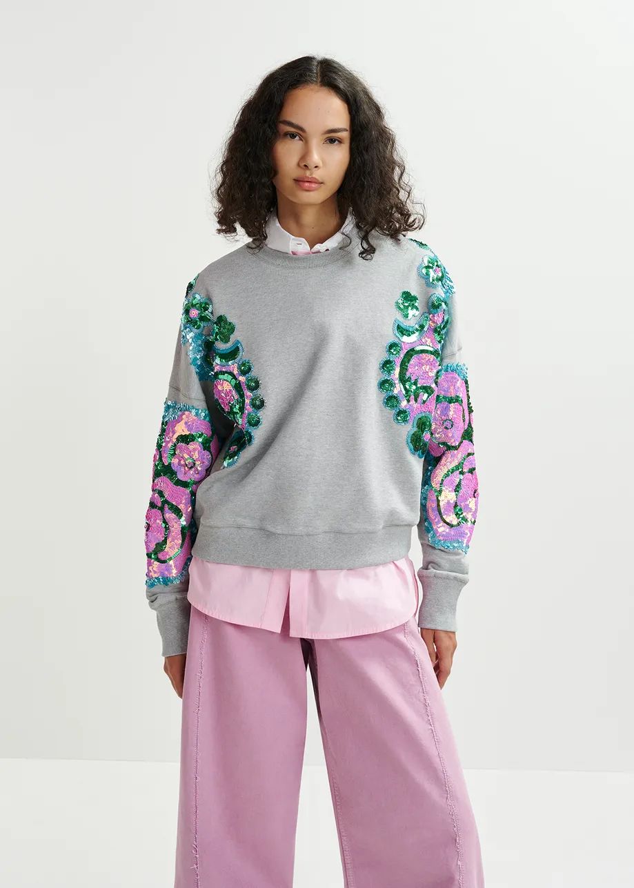 Grey, pink and blue organic cotton sweatshirt with sequin and bead-embroidered sleeves