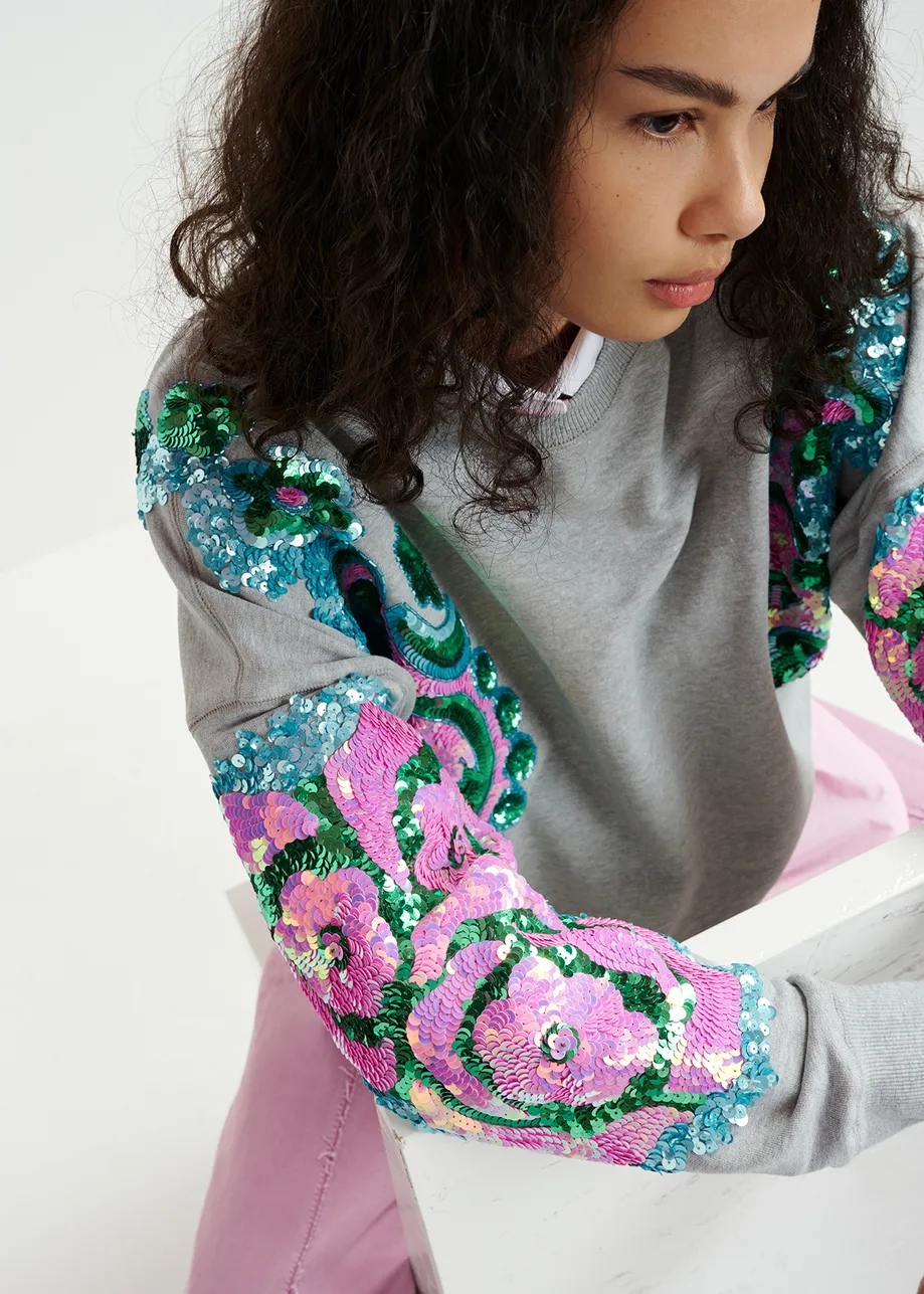 Grey, pink and blue organic cotton sweatshirt with sequin and bead-embroidered sleeves