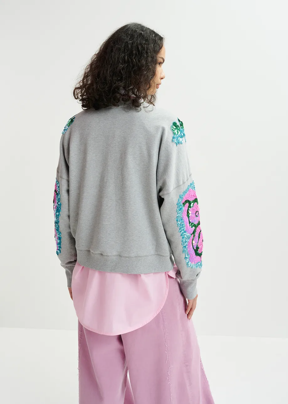 Grey, pink and blue organic cotton sweatshirt with sequin and bead-embroidered sleeves