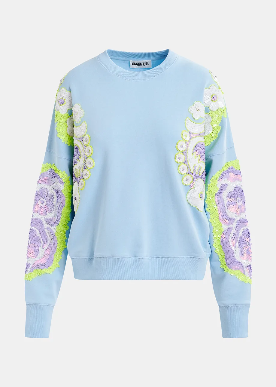 Light blue, green and purple organic cotton sweatshirt with sequin and bead-embroidered sleeves