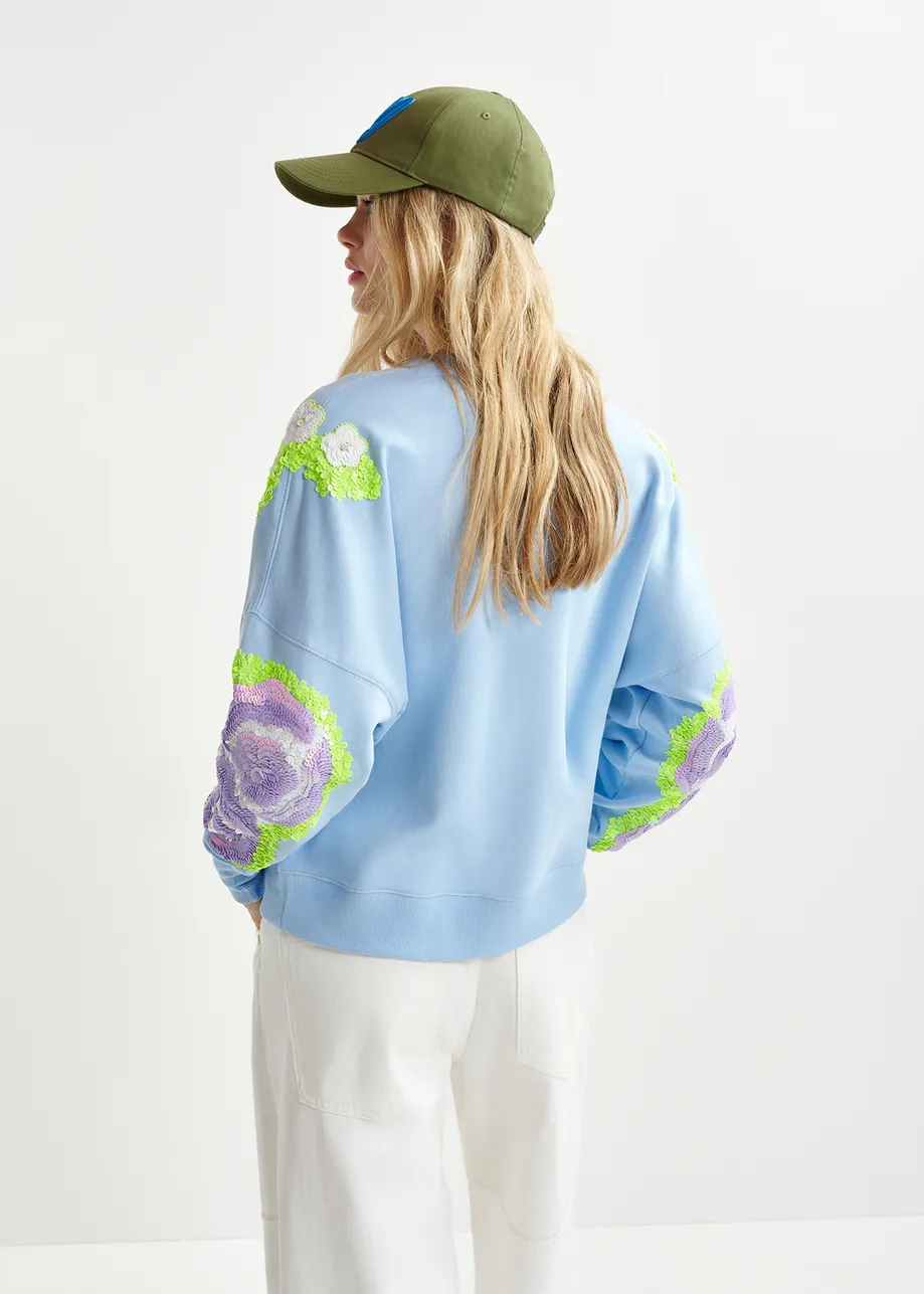 Light blue, green and purple organic cotton sweatshirt with sequin and bead-embroidered sleeves