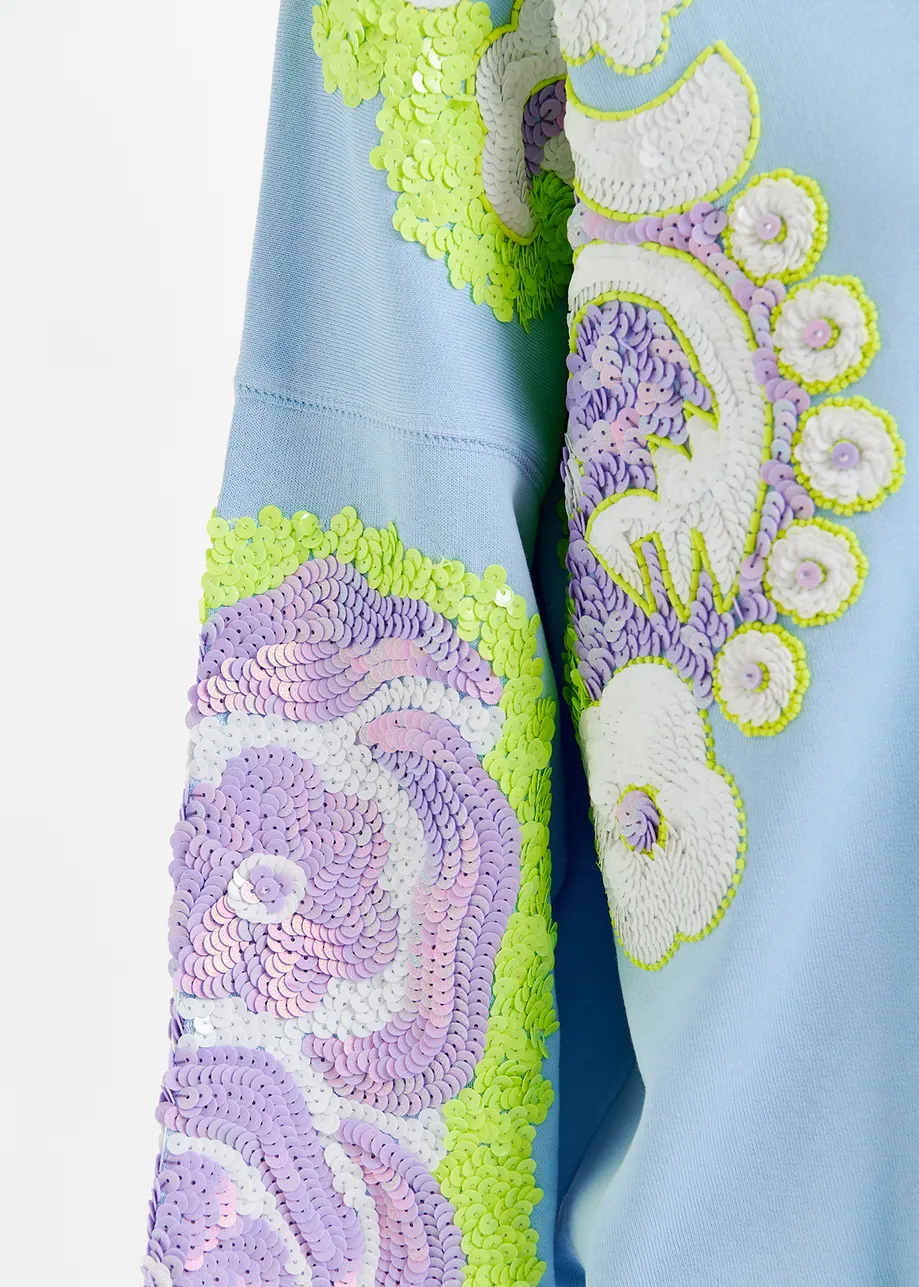 Light blue, green and purple organic cotton sweatshirt with sequin and bead-embroidered sleeves