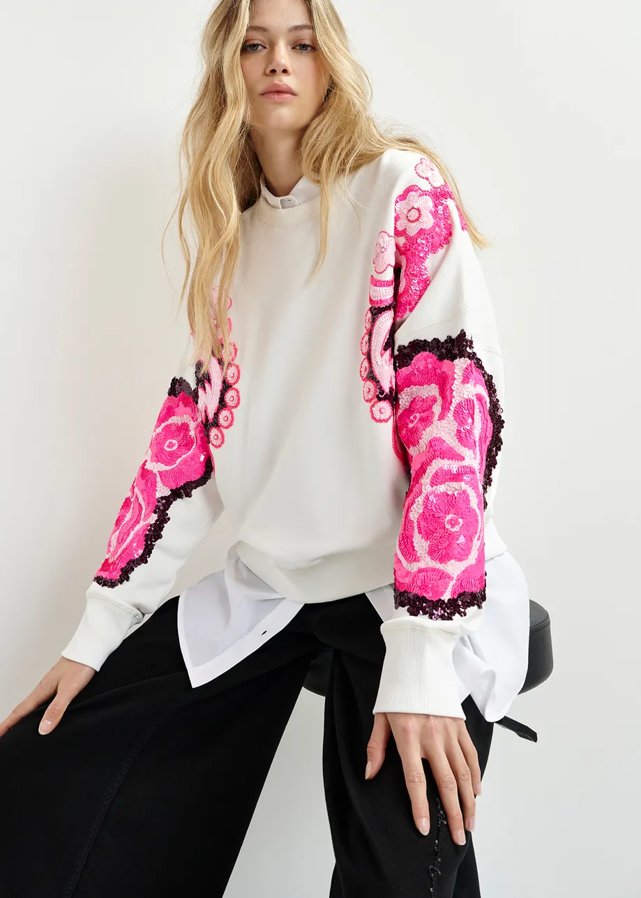 White, pink and burgundy organic cotton sweatshirt with sequin and bead-embroidered sleeves