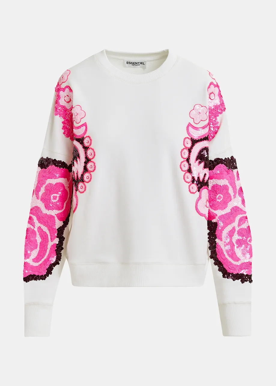 White, pink and burgundy organic cotton sweatshirt with sequin and bead-embroidered sleeves