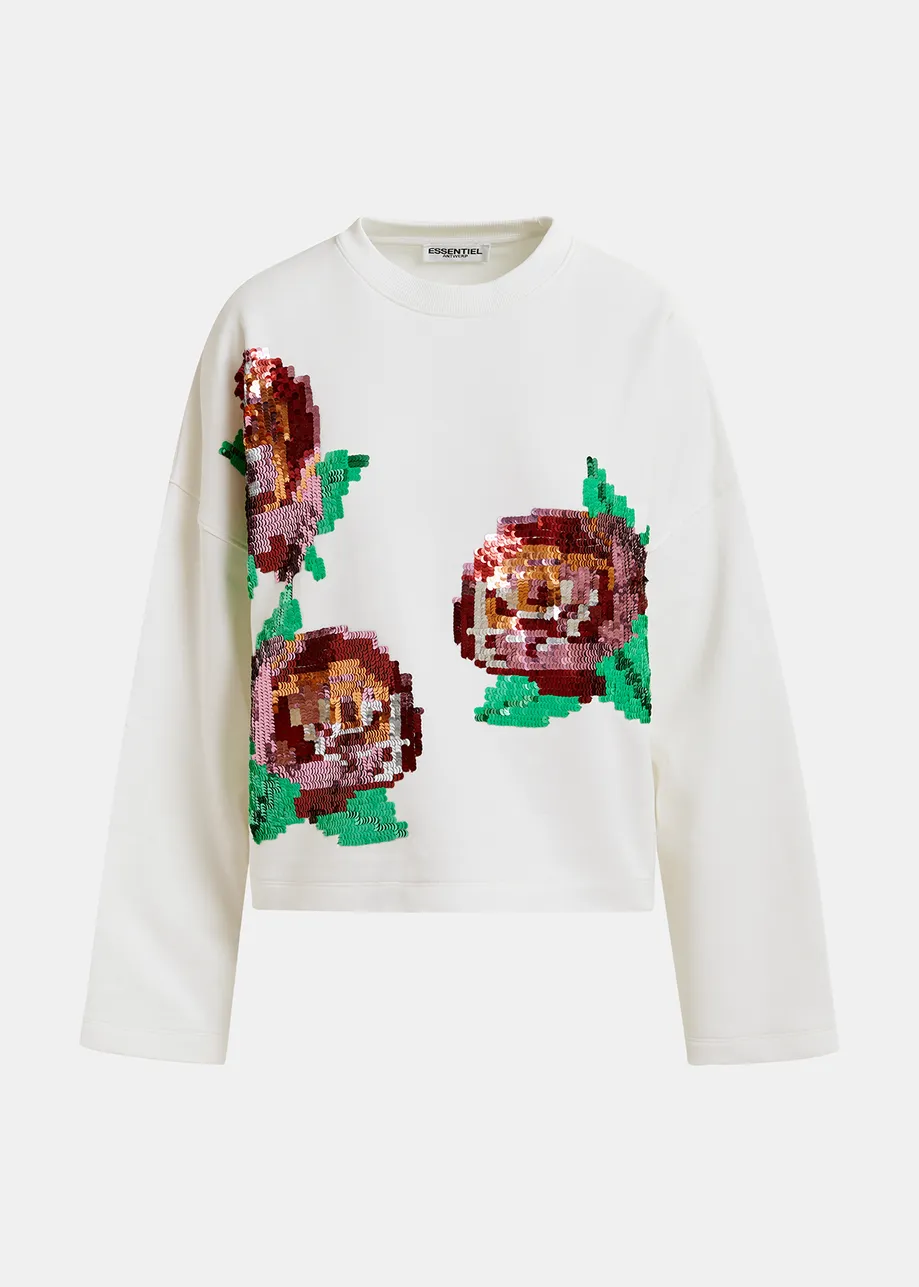 Sweatshirt en coton bio blanc, bordeaux et vert à paillettes