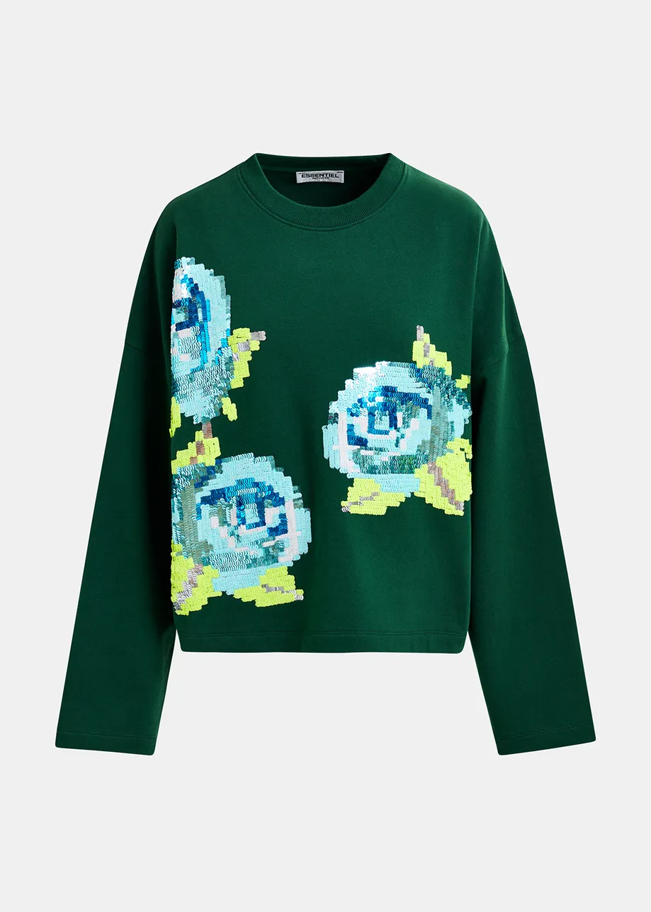 Dark green, blue and light green organic cotton sweatshirt with sequin embroideries