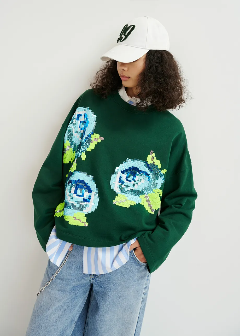 Dark green, blue and light green organic cotton sweatshirt with sequin embroideries