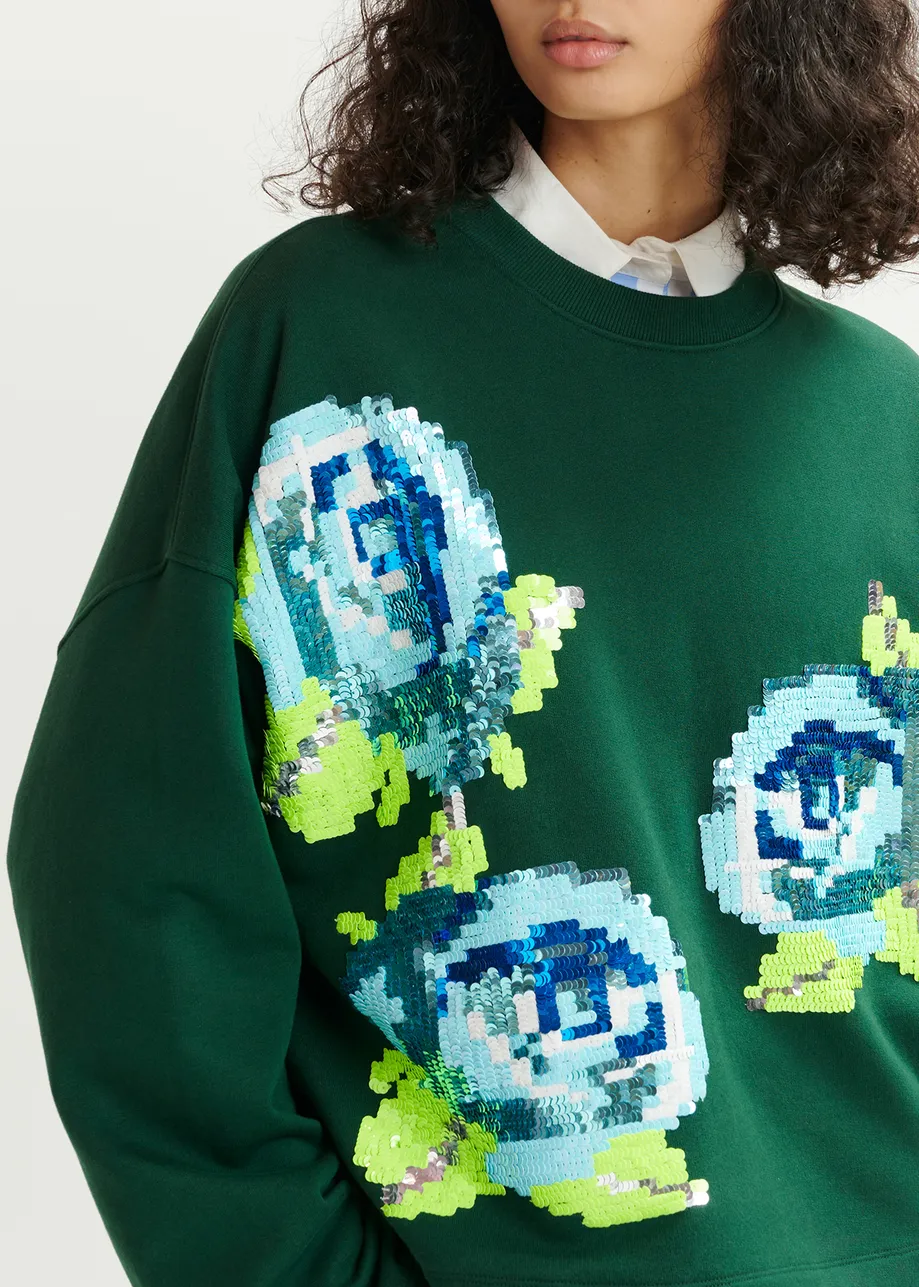 Dark green, blue and light green organic cotton sweatshirt with sequin embroideries