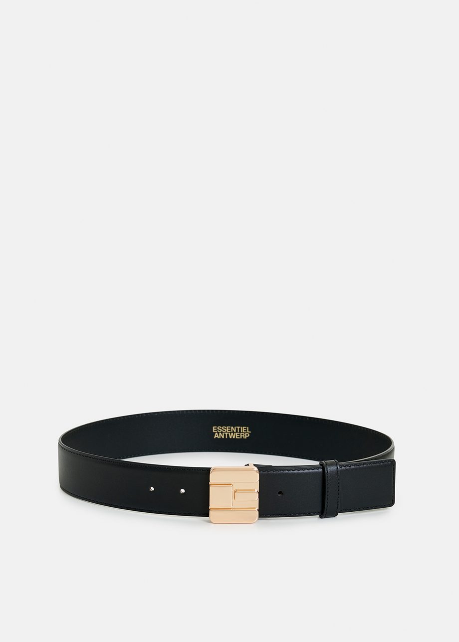 Black leather belt with E-shaped buckle