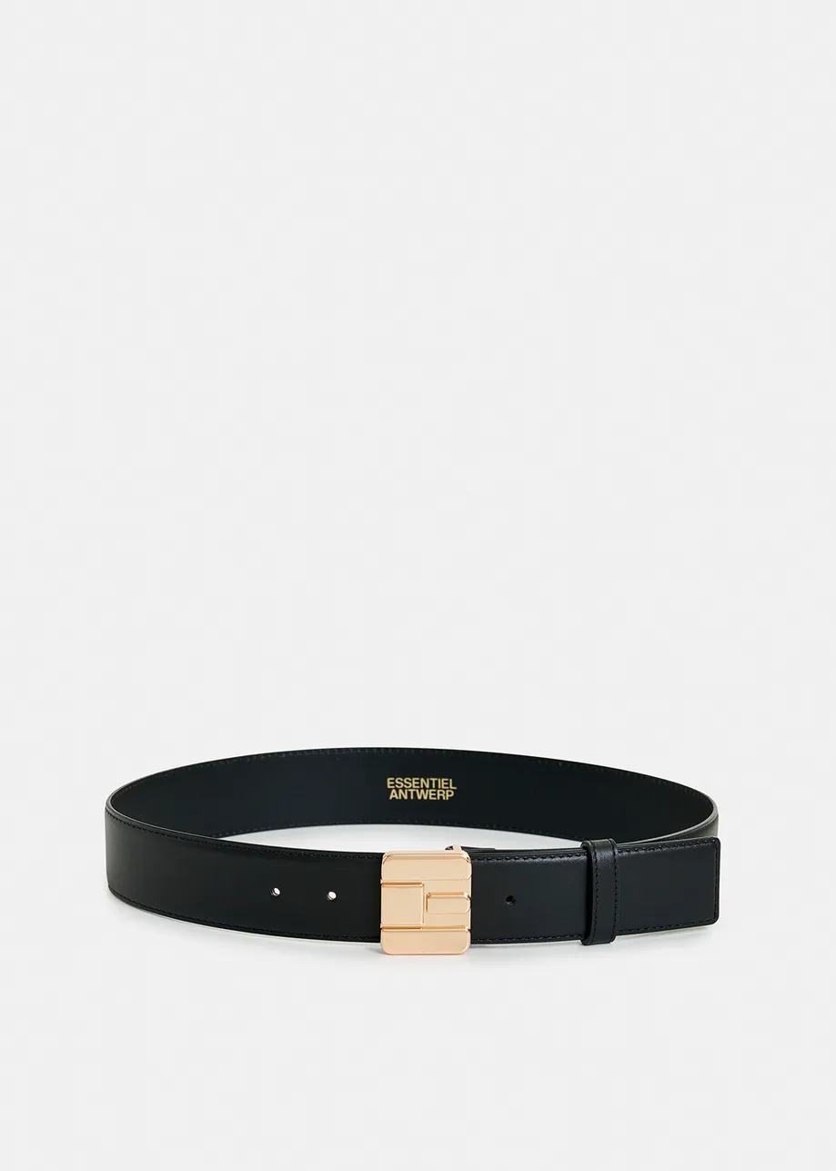 Black leather belt with E-shaped buckle