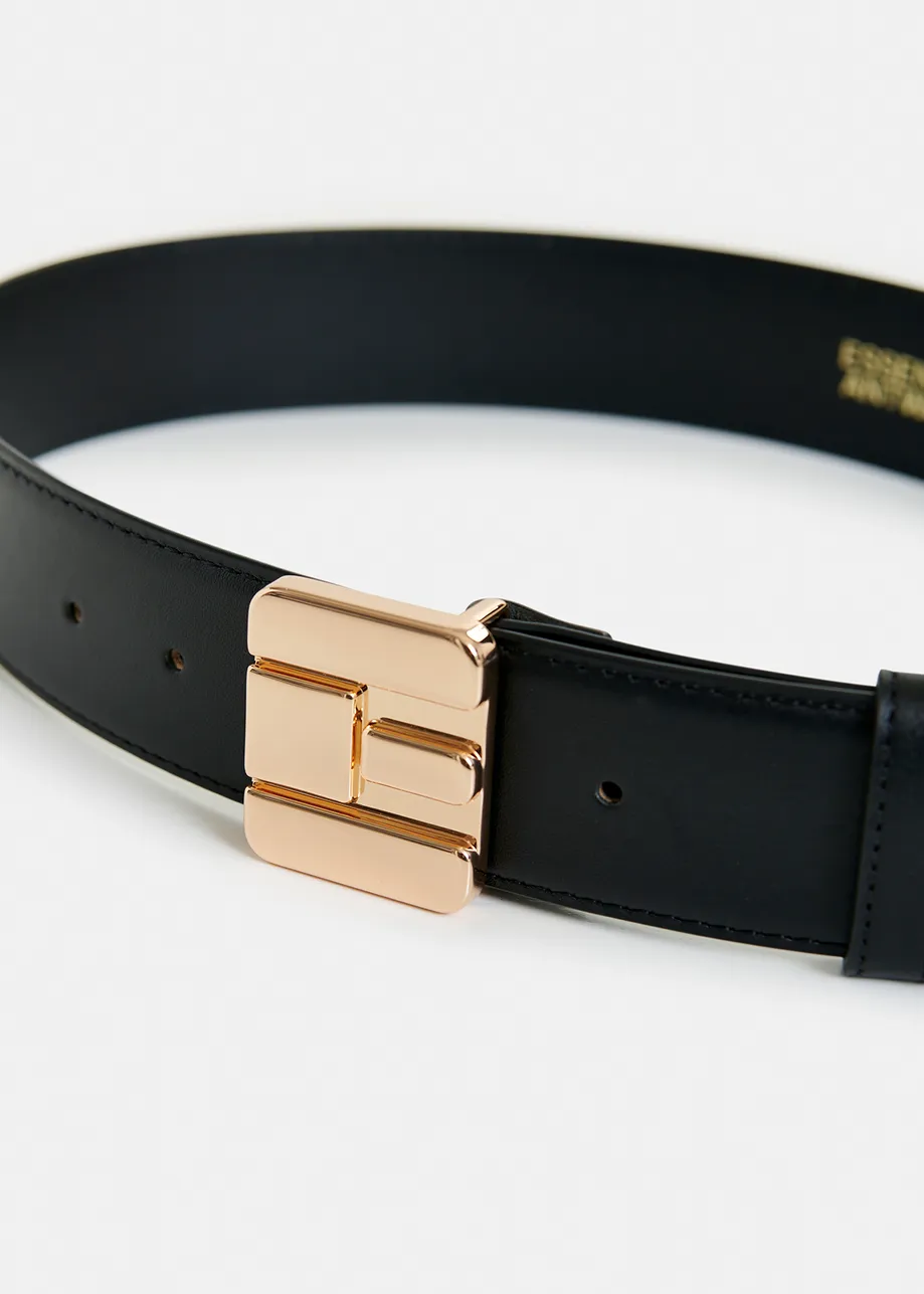 Black leather belt with E-shaped buckle