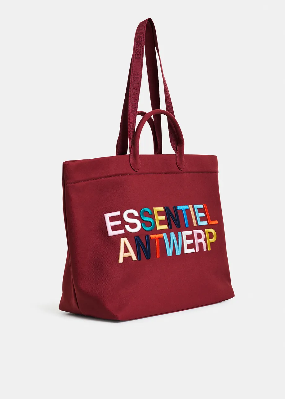  Burgundy and multicolor canvas tote bag with embroidered logo
