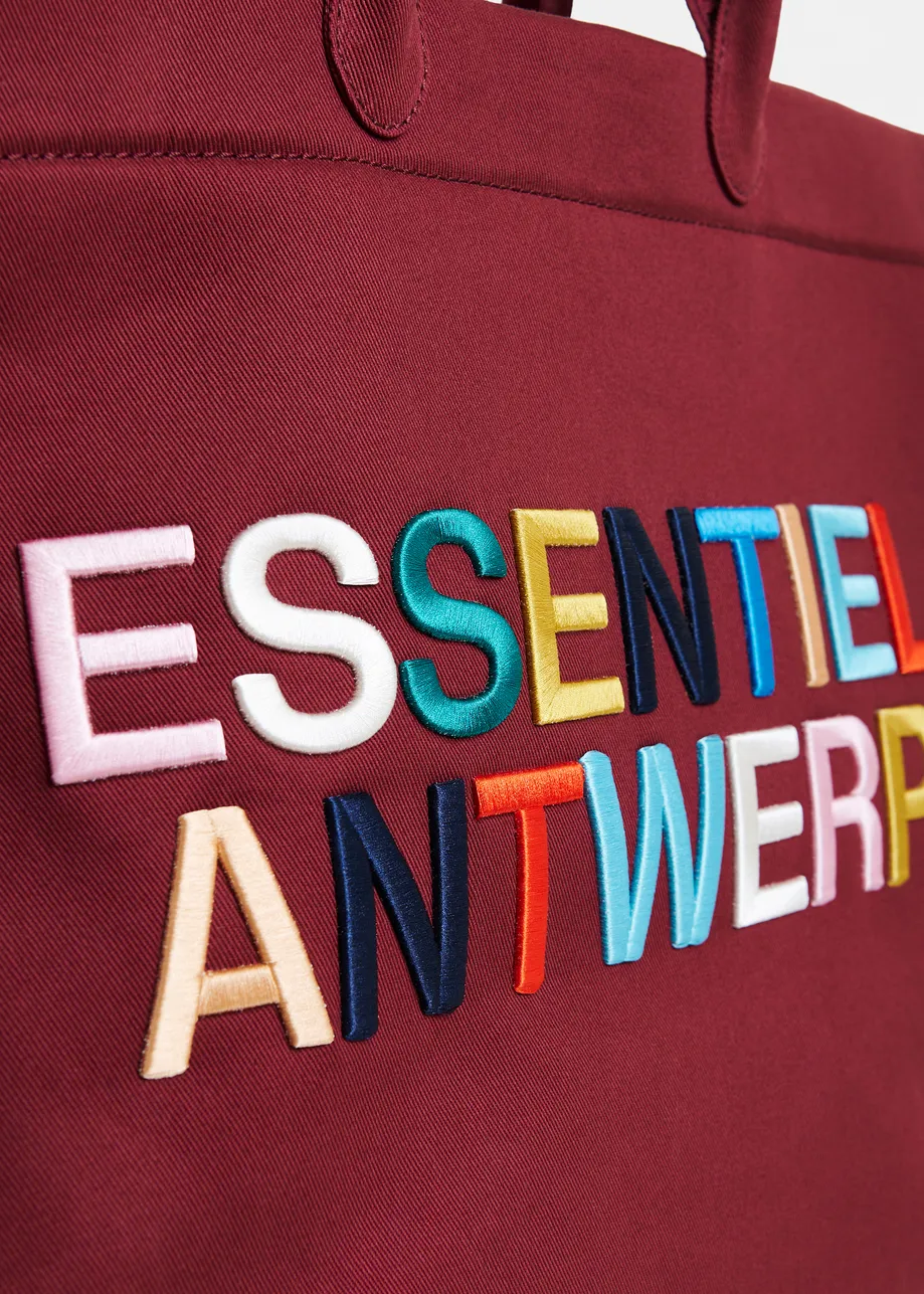  Burgundy and multicolor canvas tote bag with embroidered logo