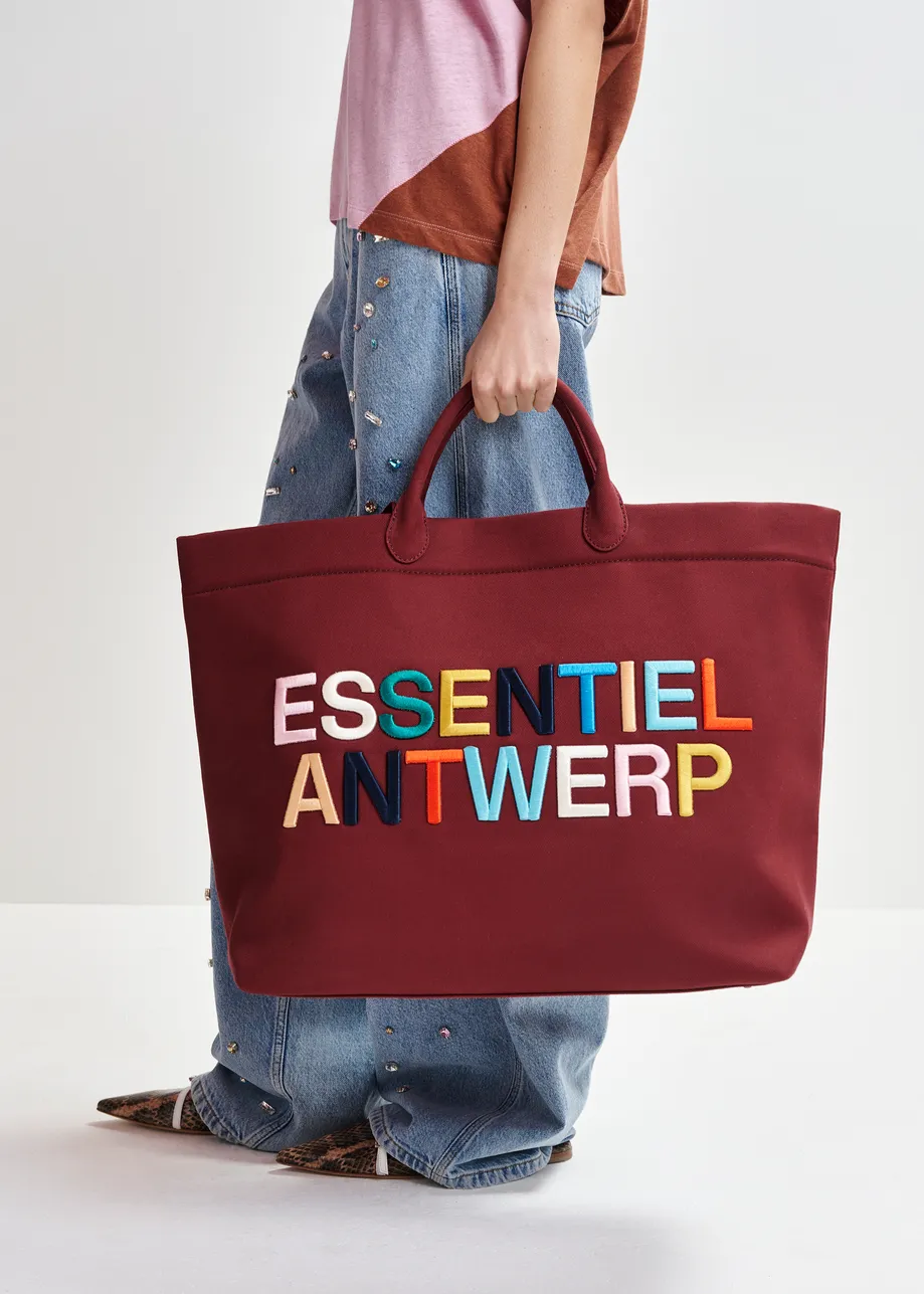  Burgundy and multicolor canvas tote bag with embroidered logo