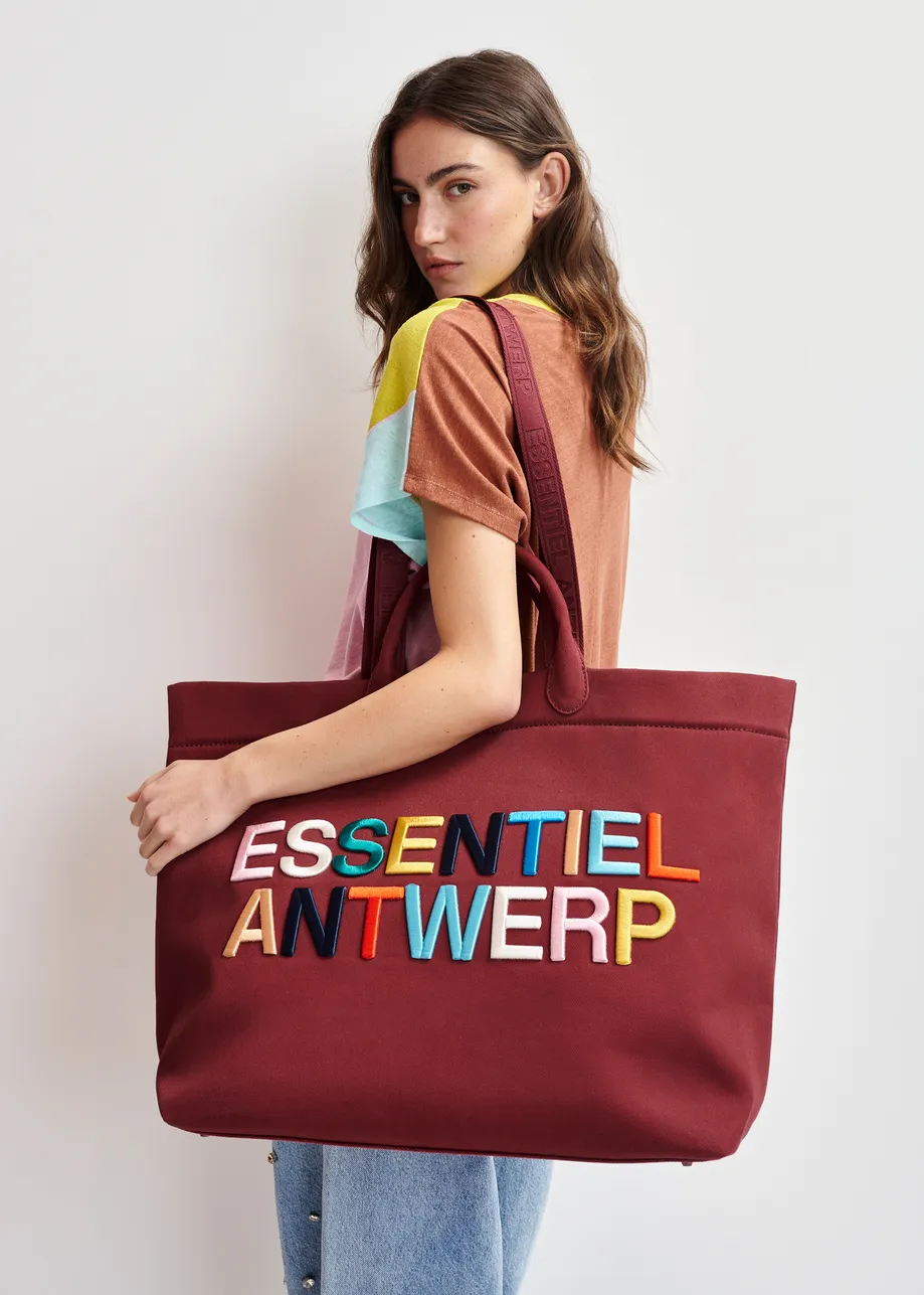  Burgundy and multicolor canvas tote bag with embroidered logo
