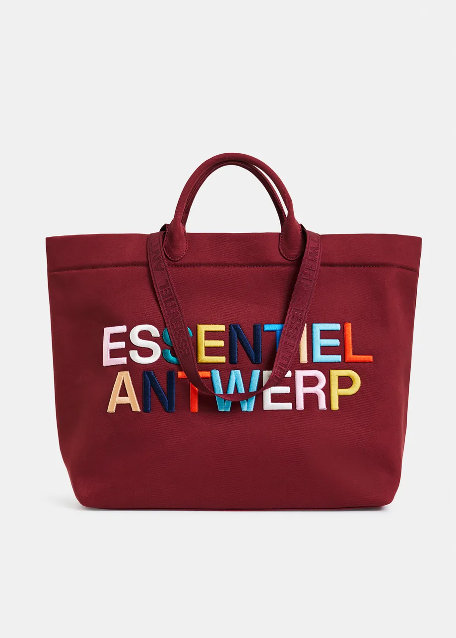  Burgundy and multicolor canvas tote bag with embroidered logo