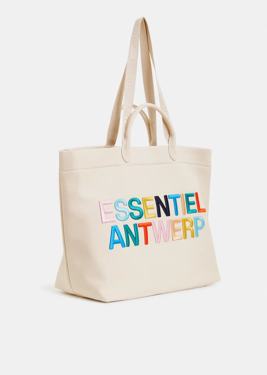Off-white and multicolor canvas tote bag with embroidered logo
