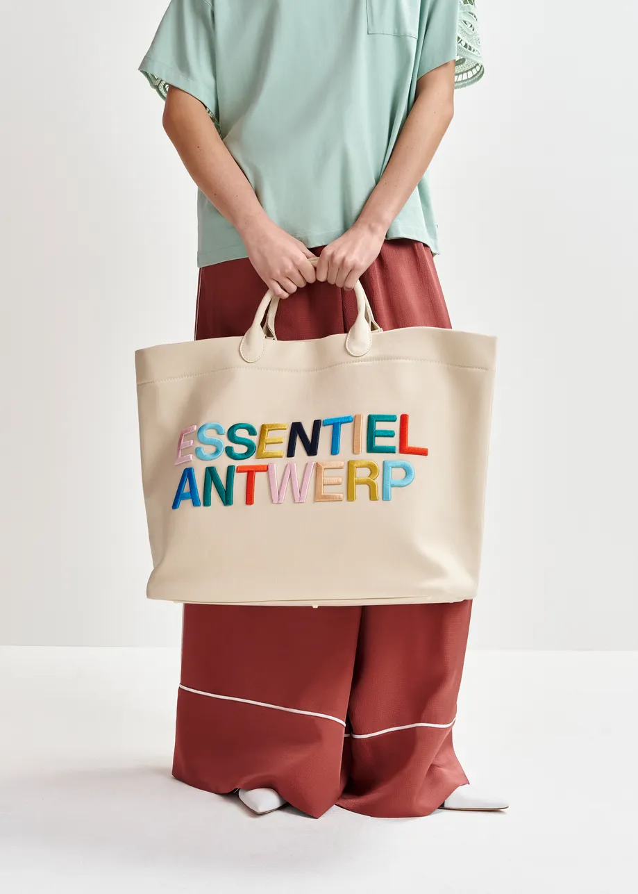 Off-white and multicolor canvas tote bag with embroidered logo
