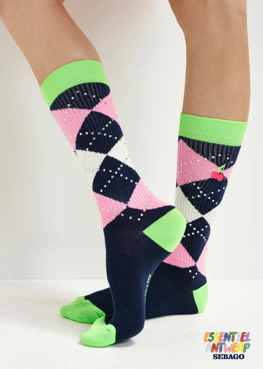 Karo-Socken in Dunkelblau, Grün und Rosa 