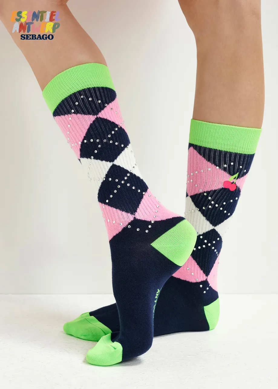 Dark blue, green and pink check-motif socks