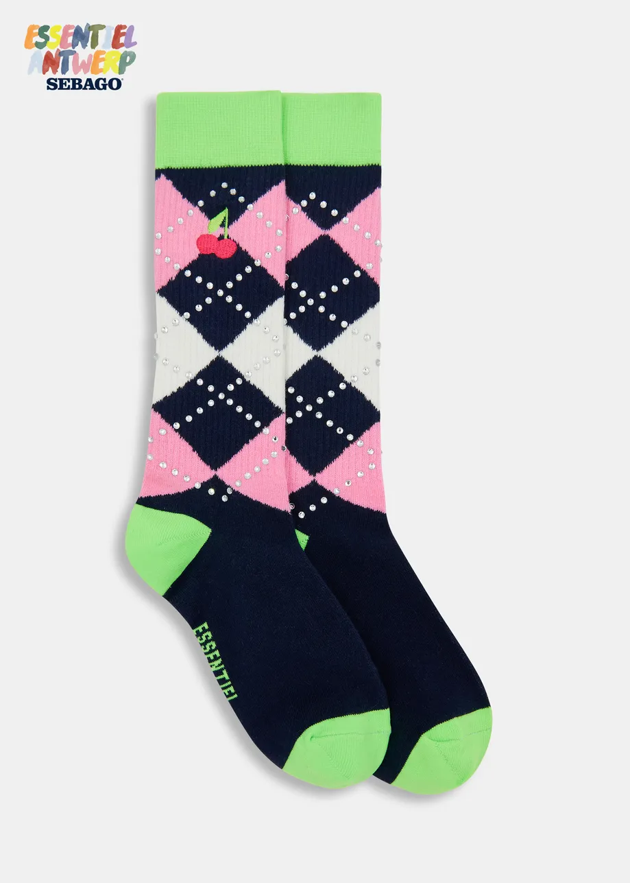 Dark blue, green and pink check-motif socks