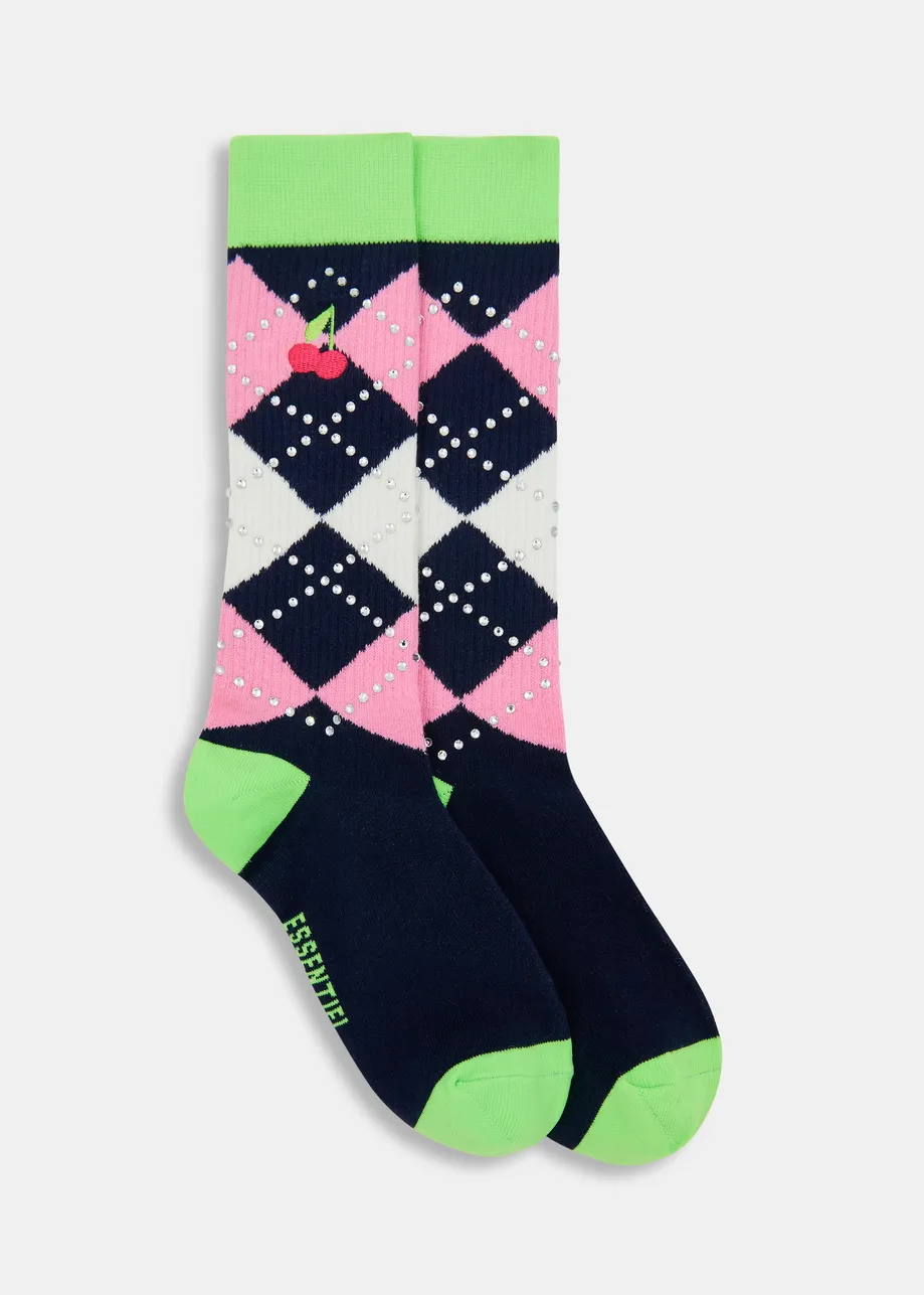 Light blue, orange and dark green check-motif socks