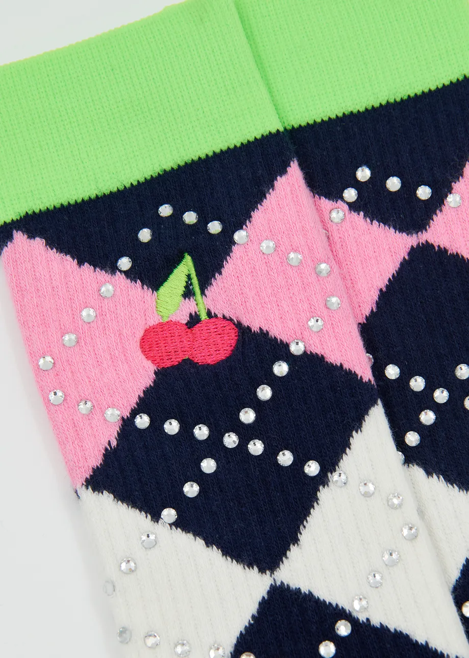 Dark blue, green and pink check-motif socks