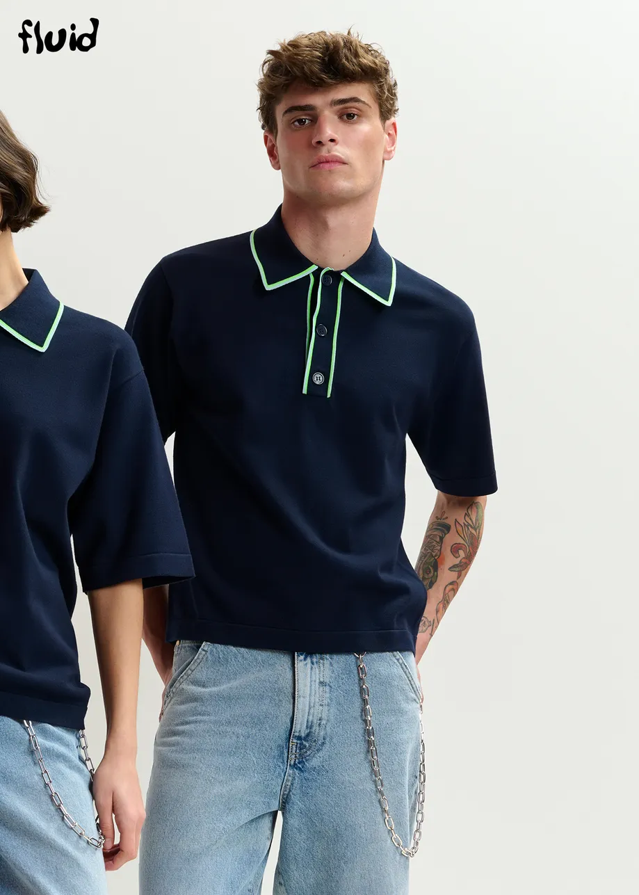 Polo blu scuro, verde e azzurro con colletto a contrasto