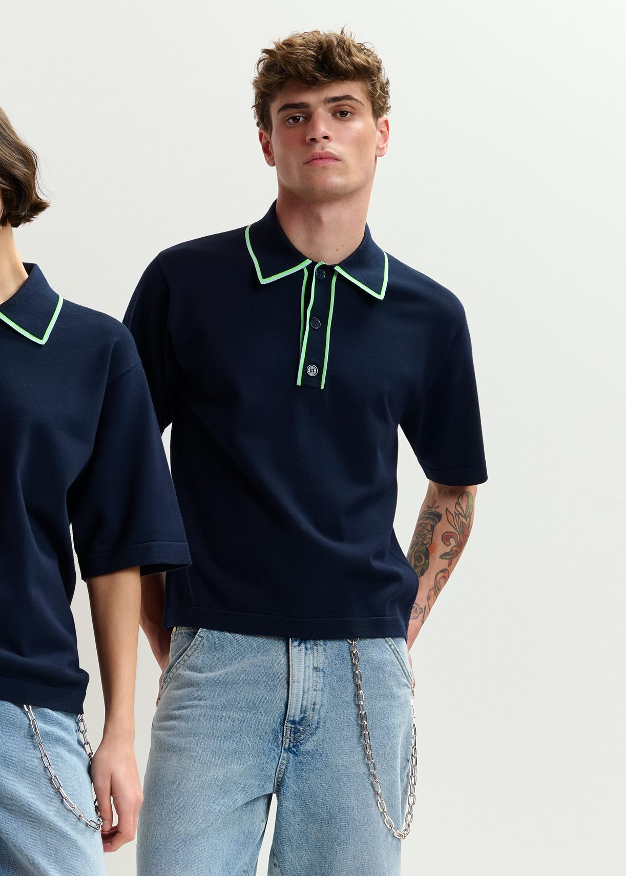 Dark blue, green and blue polo with contrasting collar | Essentiel