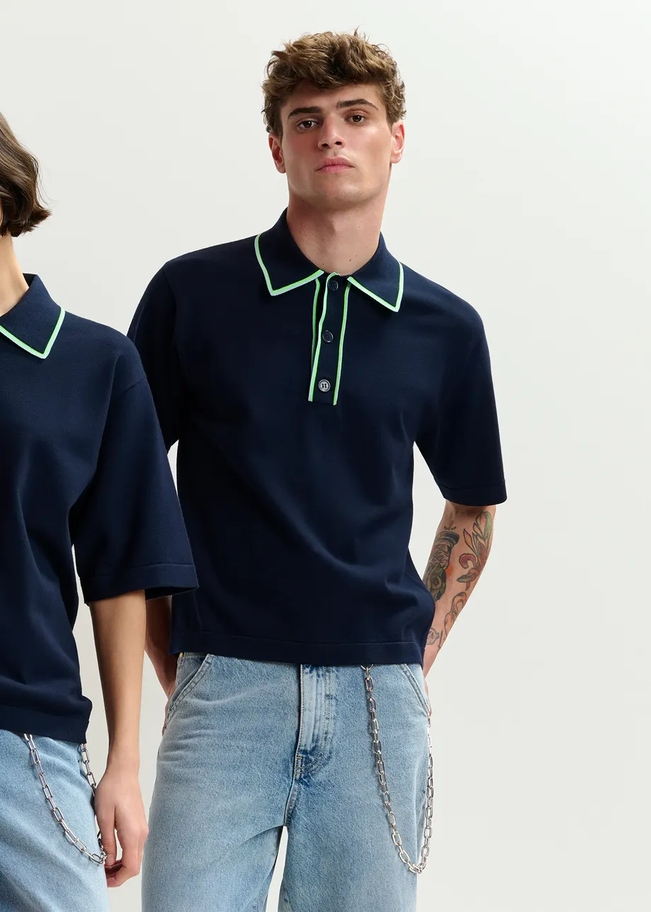 Dark blue, green and blue polo with contrasting collar